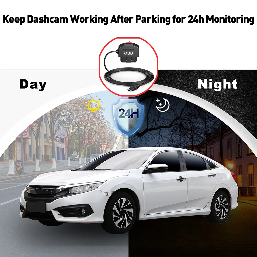 OBD OBD2 To Micro Type C Mini USB Charger Power Cable For Dash Camera Car DVR 24h Parking Car Accessories 15W Battery Protection