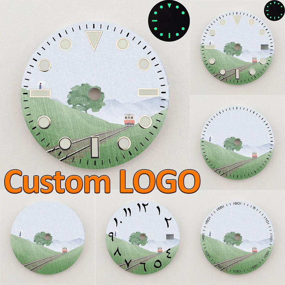 28.5mm NH35 Dial Country Railway Scenery Dial Green Luminous Dial NH36 Dial Watch Accessories Fit NH35/NH36 Movement Custom LOGO
