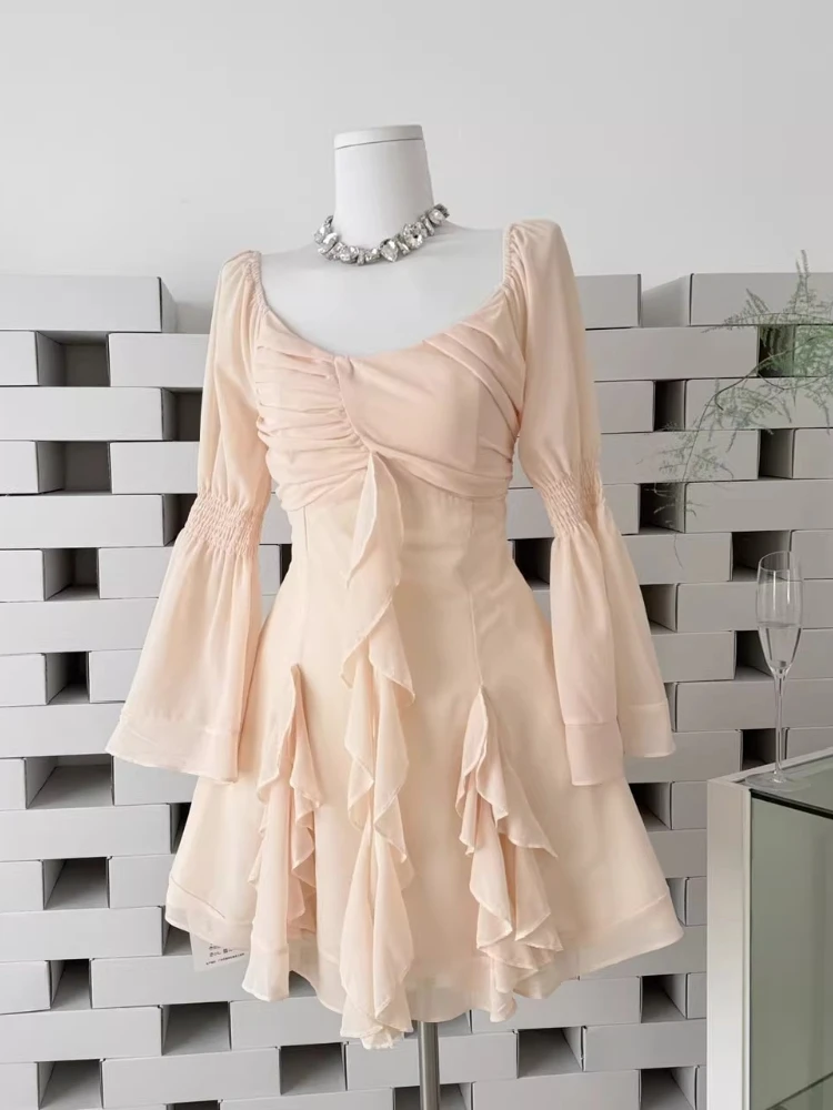 

Ladies Elegant Dress 2026 New High Quality Retro Horn Sleeve Ruffled Stitching Chiffon Skirt Spring Summer Long Sleeve Dresses