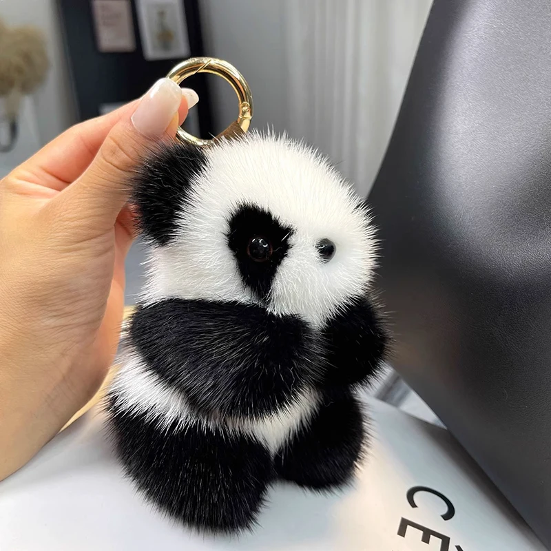 LLavero de coche de oso Panda de peluche pequeño para mujer, adornos de bolso, piel de visón de imitación, lindo llavero de coche, regalo de moda