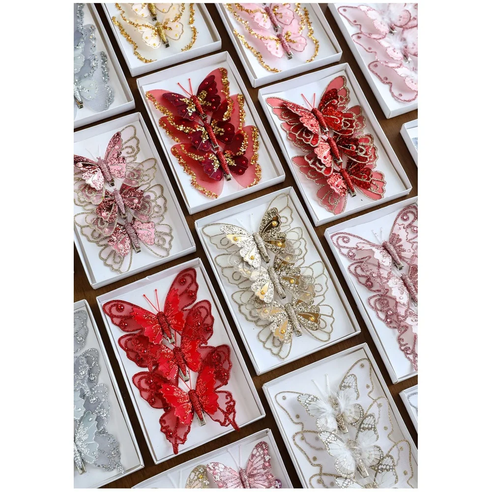 Vlinderclipornament met glittergaasafwerking, ontworpen voor het ophangen van kerstboom en vakantiedecoratie