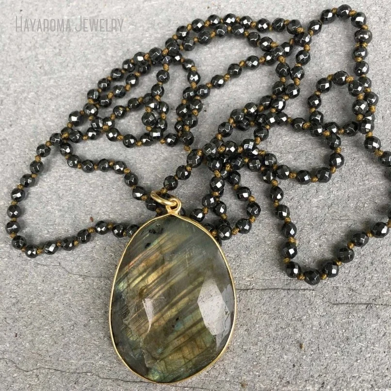 5pcs Boho Oval Labradorite Pendant Necklace Black Hematite Long Precious Stone Healing Crystal Tribal Jewelry Collares Grunge