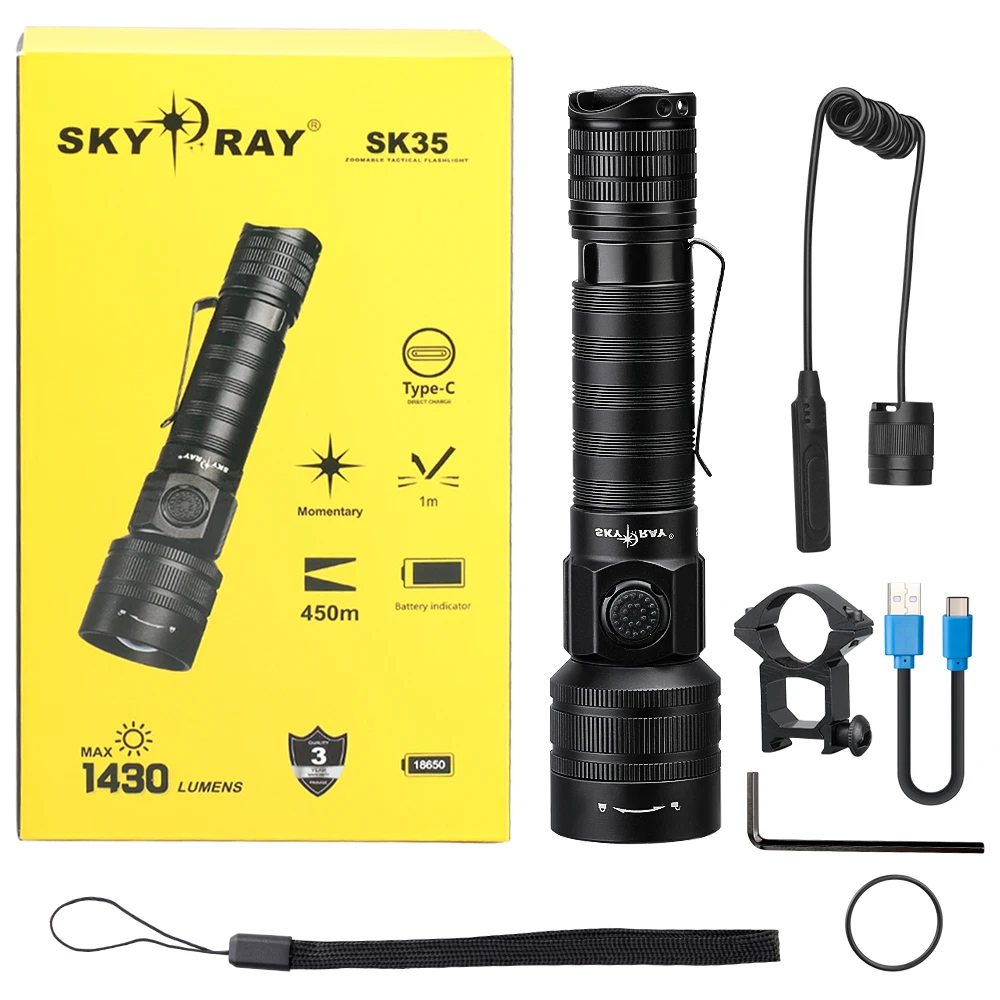 

SKYRAY SK35 Rechargeable Flashlight LED 1500lm Powerful Tactical Torch 500M Long-Range With Spotlight for Camping Searching