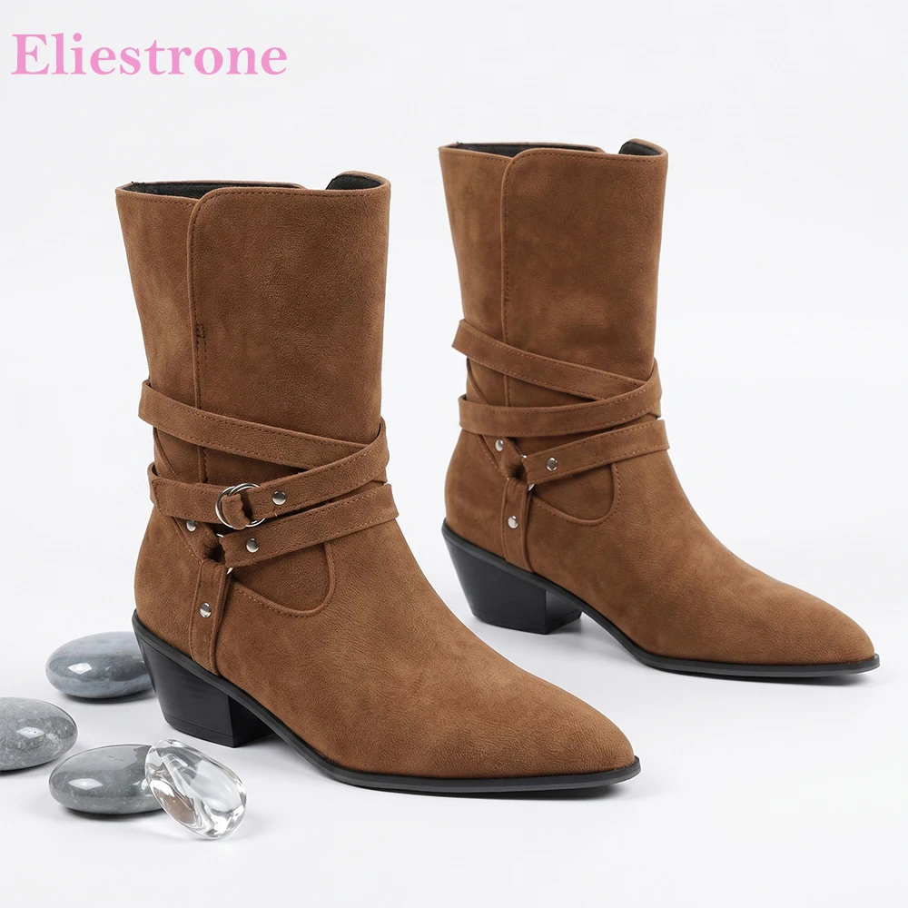 2026 Autumn Mature Women Mid Calf Western Boots 2inch High Chunky Heels Oversized Lady Dress Shoes Large Plus Size 12 47 50