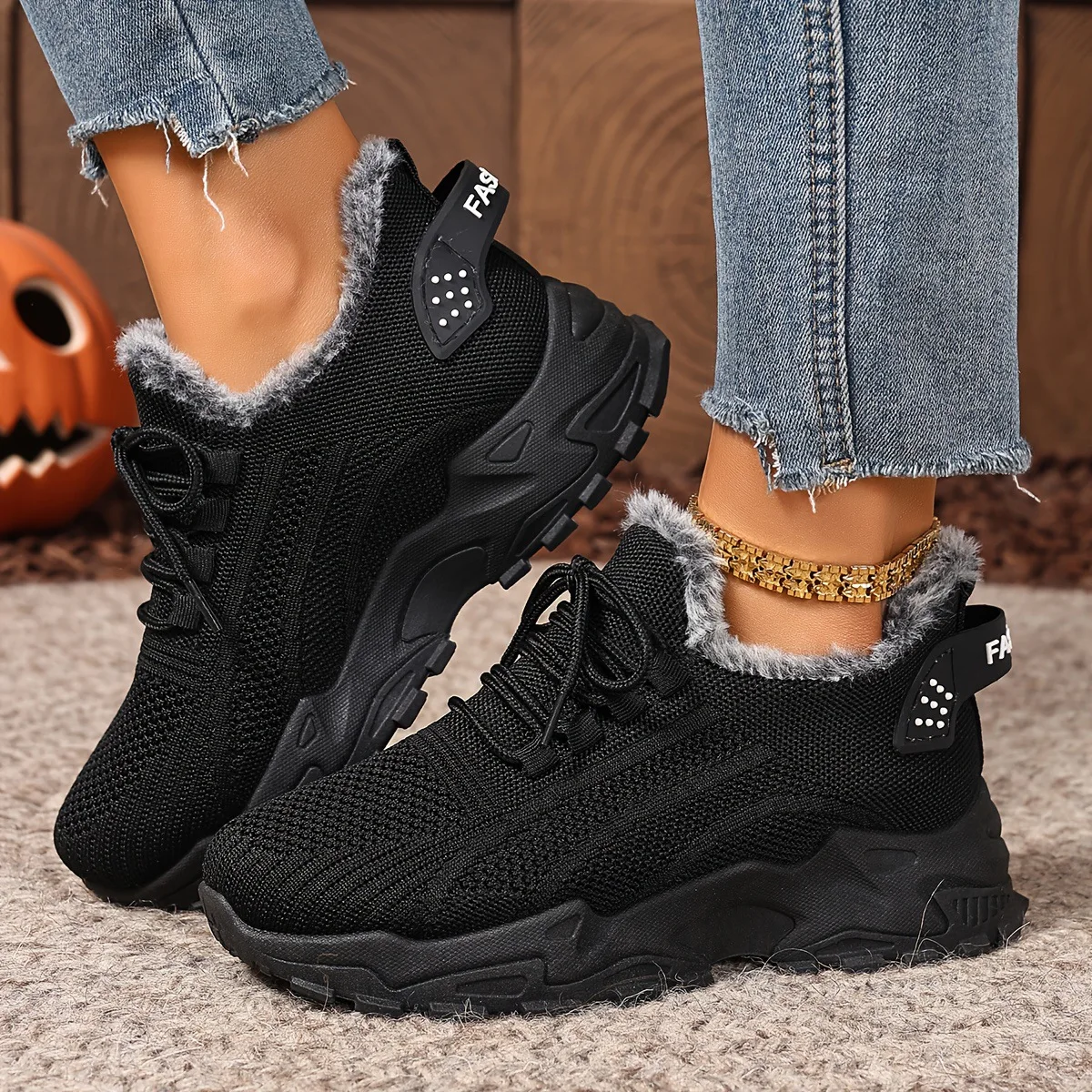 Damen Winter-Thermosneaker aus Strickstoff mit Schnürung, Plüschfutter, rutschfester dicker Plateausohle, Outdoor-Wanderschuhe, Freizeitschuhe – Detail 15