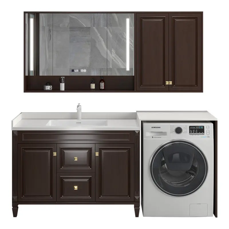 Vintage bathroom cabinet washbasin washing machine integrated cabinet combination floor-to-ceiling washing table oak