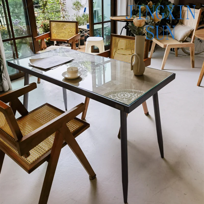 Coffee American iron wood carving flower dining table French retro simple dining table European rectangular office conference ta