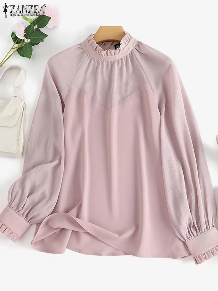 ZANZEA Women Long Sleeve Chiffon Blouse Fashion Casual Solid Stand Pullover Chemise 2023 Spring Office Lady Tops Tunic Oversized