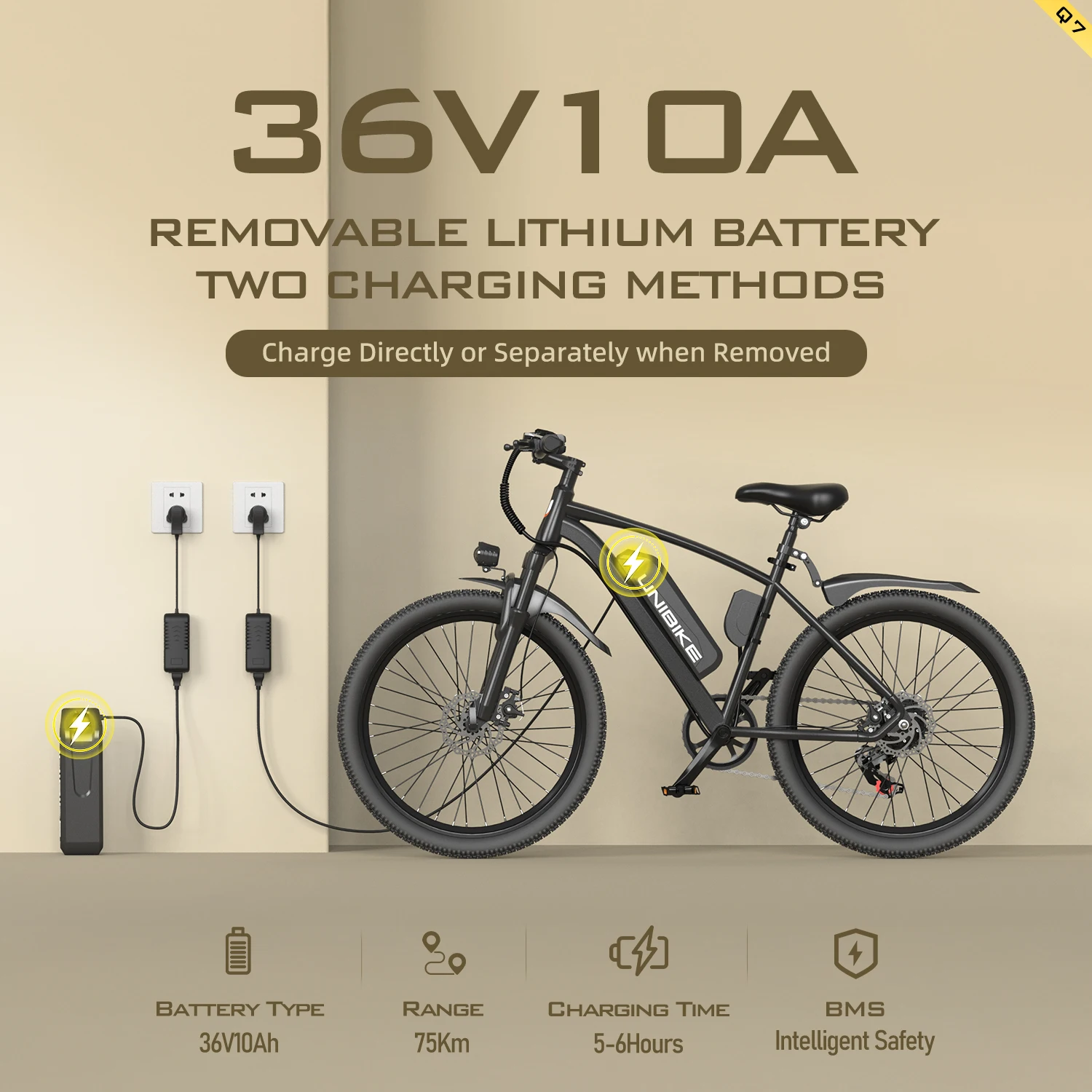 Bicicleta Eléctrica para Adultos UNIBIKE Q7, Batería Extraíble de 36V10AH, Bicicleta Eléctrica para Desplazamientos Urbanos, Neumático de 26 Pulgadas, Bicicleta Eléctrica Portátil