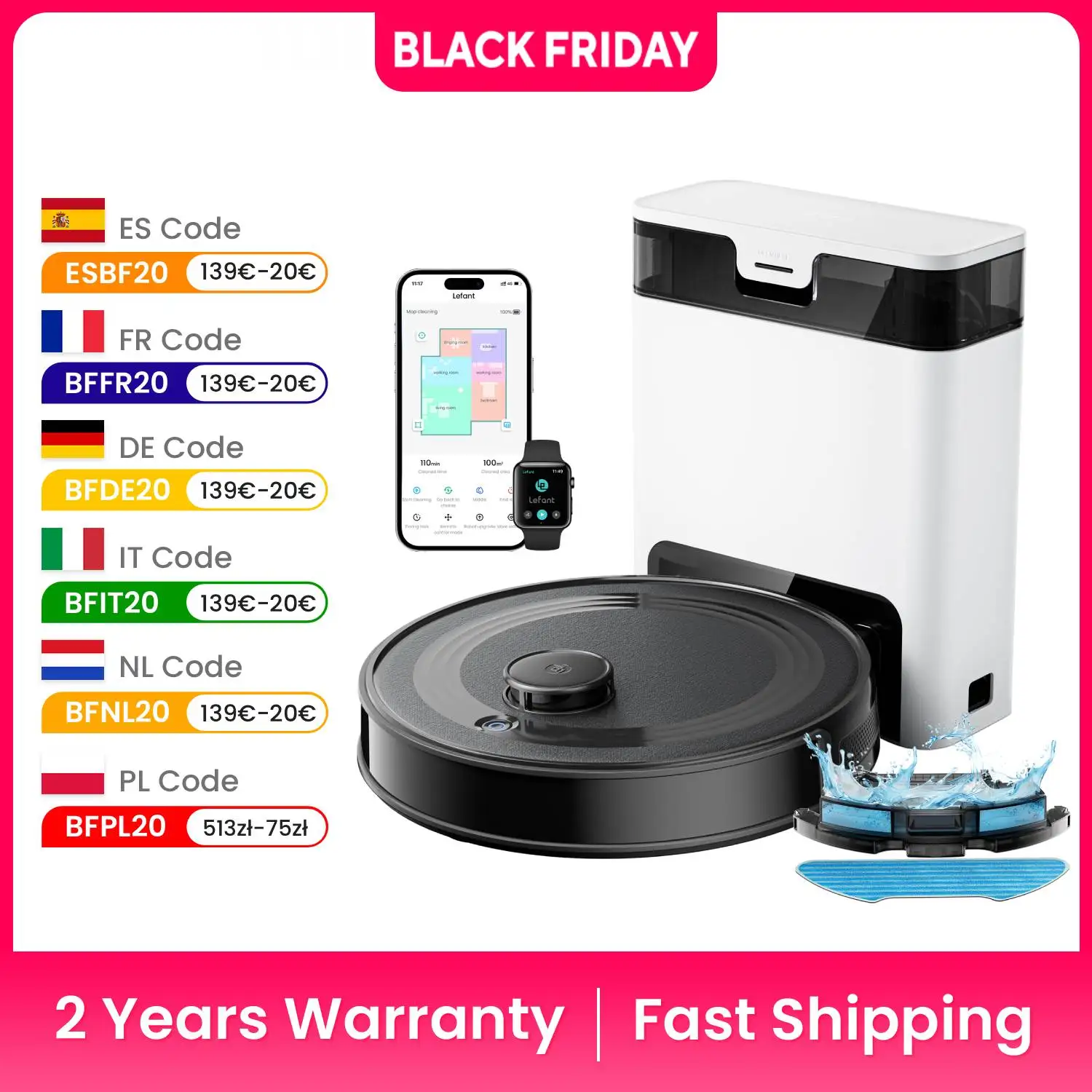 Levant M2 Pro LDS หุ่นยนต์ดูดฝุ่นและไม้ถูพื้น Combo, การดูด 6000Pa, การทําแผนที่อัจฉริยะ, เครื่องดูดฝุ่นทําความสะอาดแบบปิด 60 วัน