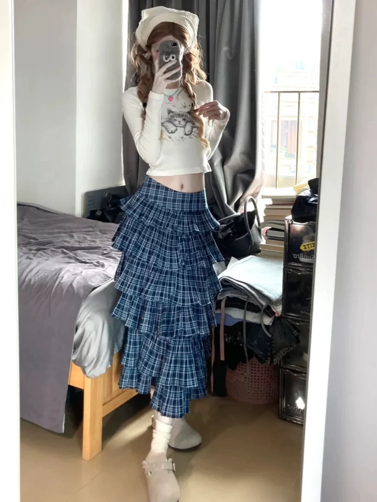 HOUZHOU Y2K Vintage Plaid Long Skirt Women Japanese Kawaii High Waist Patchwork Tierred Ruffle Skirt Korean Streetwear Autumn