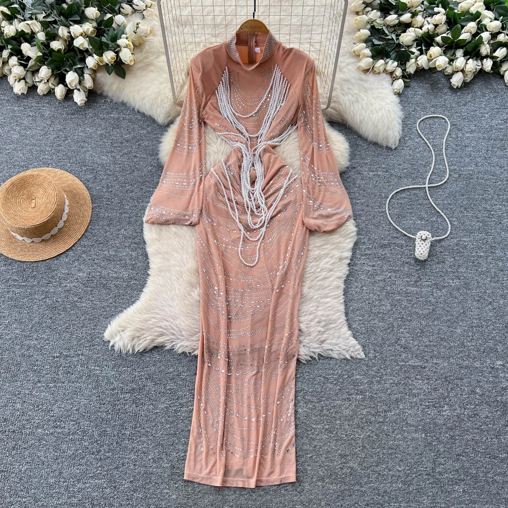 

Шикарный винтажный тонкий элегантный сказочный корейский модный осенний сарафан со стразами и длинными рукавами, женская одежда