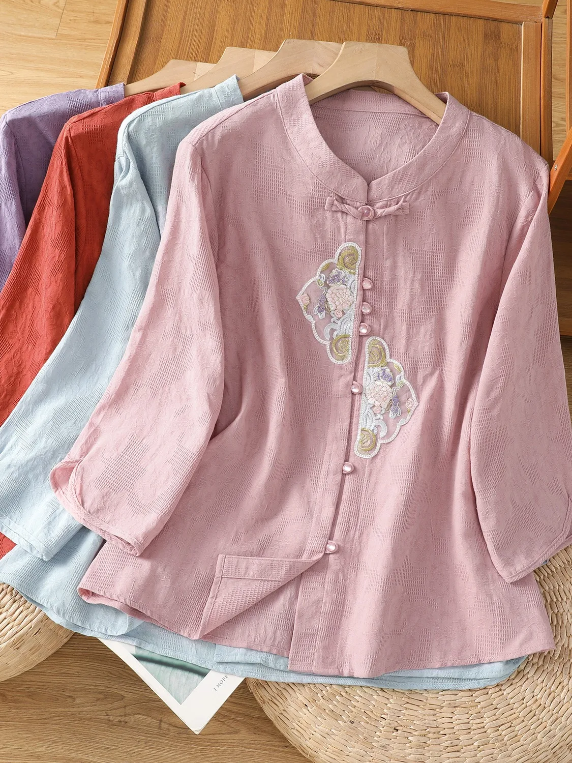 High-End Embroidered Pure Color Cotton Linen irt Women's Summer Vintage Chinese Sle Button Stand Collar Open Cardigan Top