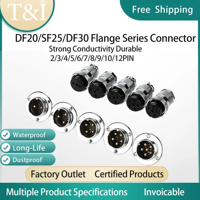 Conector de Instalação Flange Fixo Impermeável Conector de Aviação de Furos Df20 Gx20 Df25 Gx25 Df30 Gx302 10 Pino 12