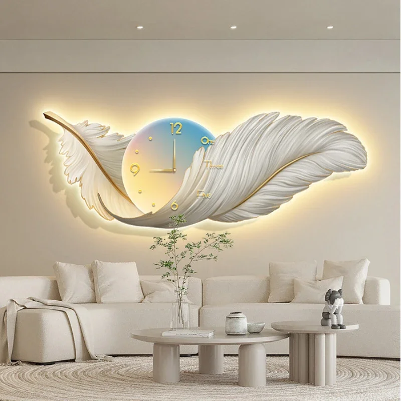 LED Wall Clock Light Luxury Large Art Clocks Living Room Decor Painting Wall Watch Feather Silent Clock Renoj Home Decoration