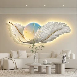 LED Wall Clock Light Luxury Large Art Clocks Living Room Decor Painting Wall Watch Feather Silent Clock Renoj Home Decoration