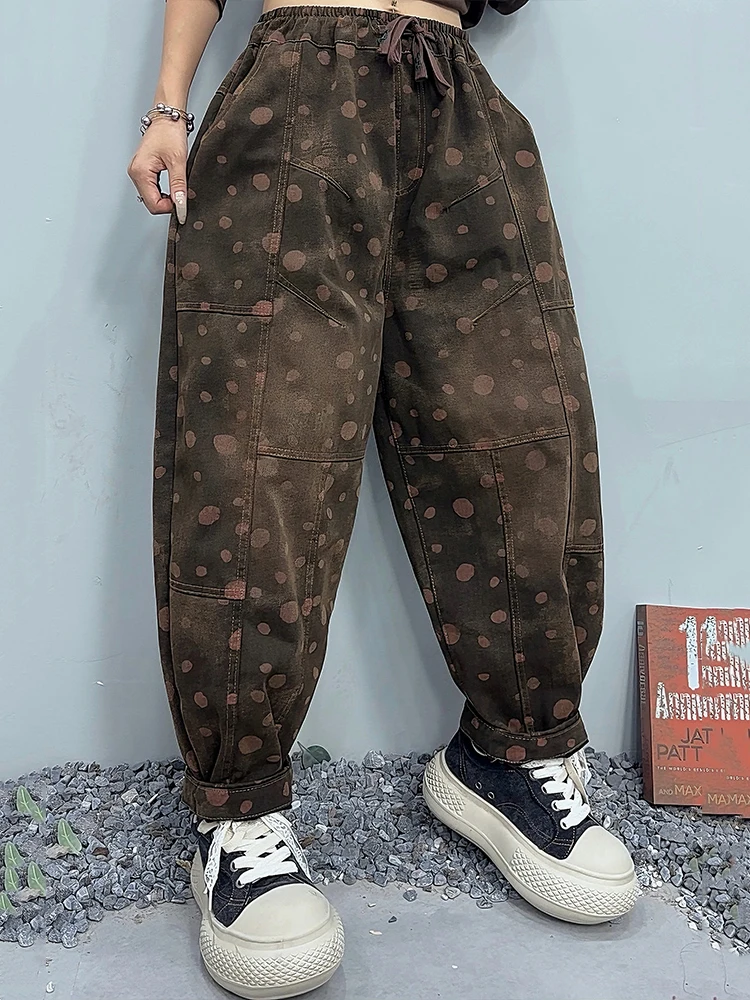 Amax LuluE Pantaloni in denim a pois vintage moda donna autunno Jeans stampati larghi Pantaloni Harem classici casual in vita elastica da donna