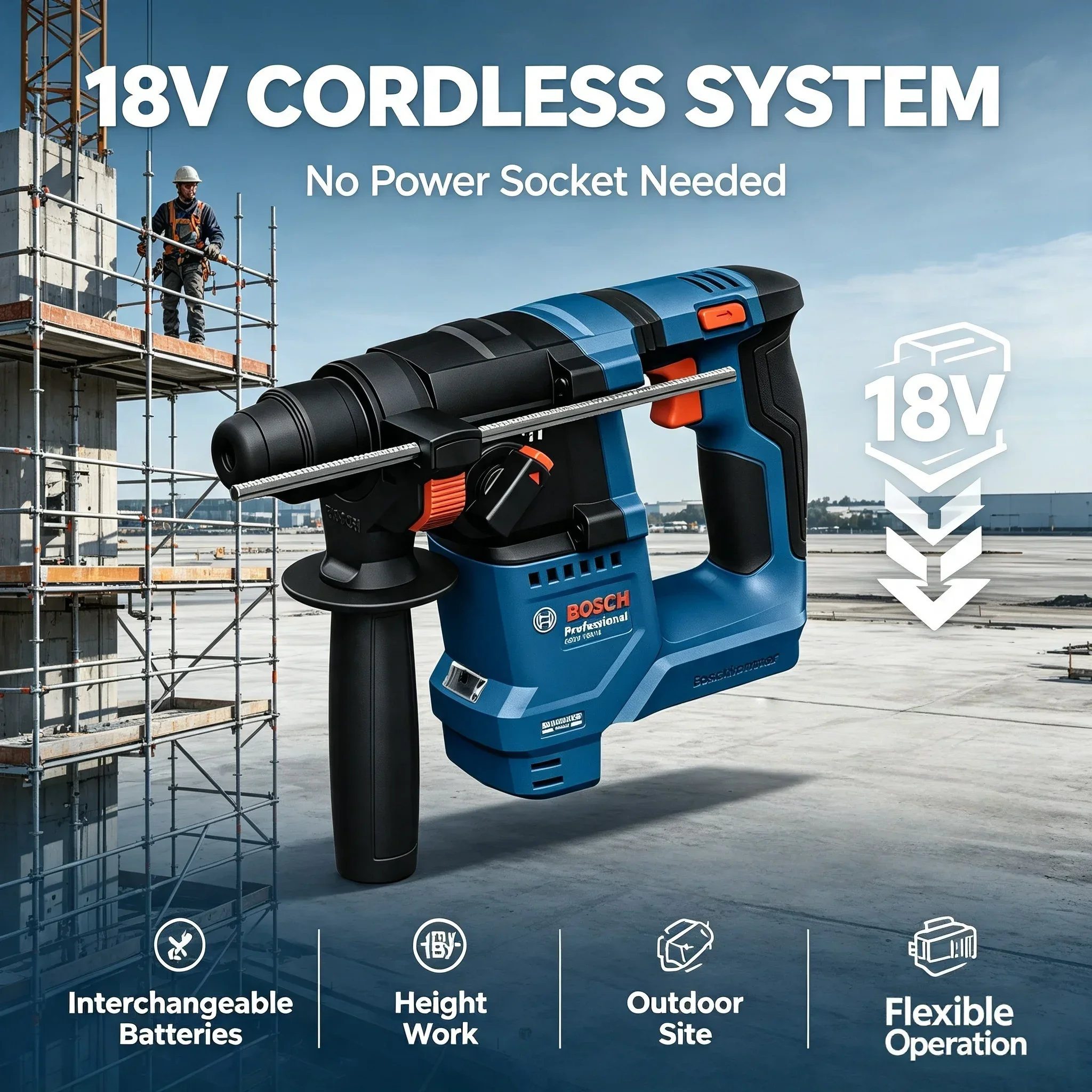 Bosch GBH 18V-18 18V Brushless Cordless Rotary Hammer, 1.5J SDS PLUS Professional Impact Drill Hammer Power Tool
