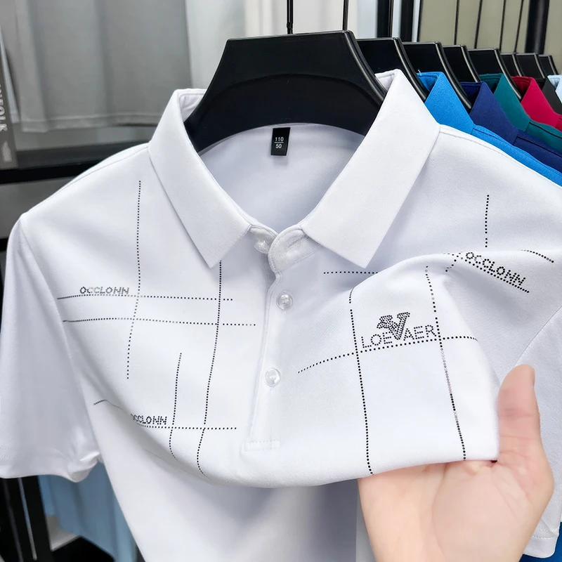 New Summer Trend High Elastic Men Lapel Polo Short Sleeve Breathable Casual Cool Solid Color Golf Business Designer T-shirt Top