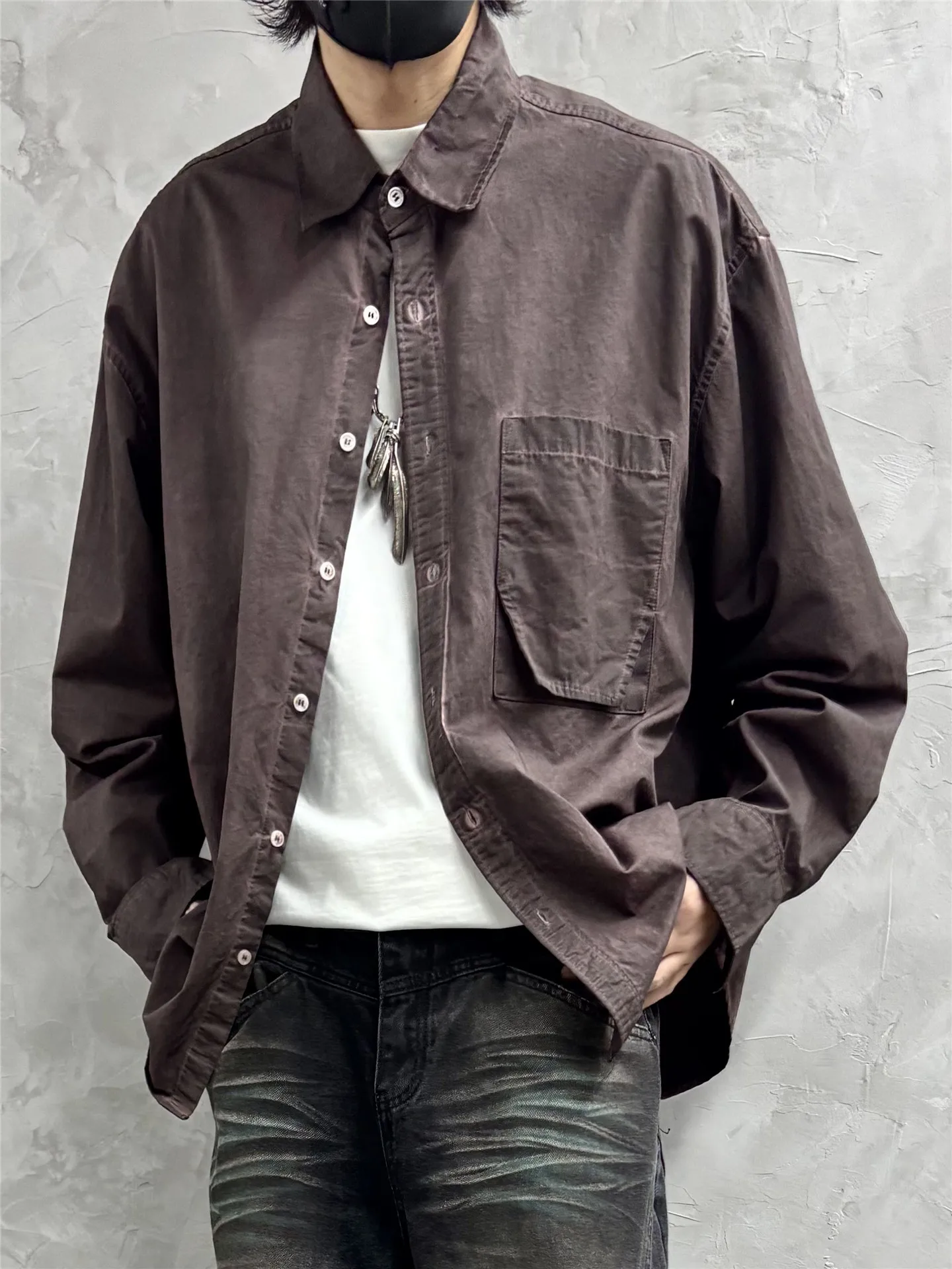 High Street Shirts Men's Pioneer Sand Dune Waste Soil Wind Doing Old Dirty Stained Long Sleeved Coat Loose Casual Shirt Top