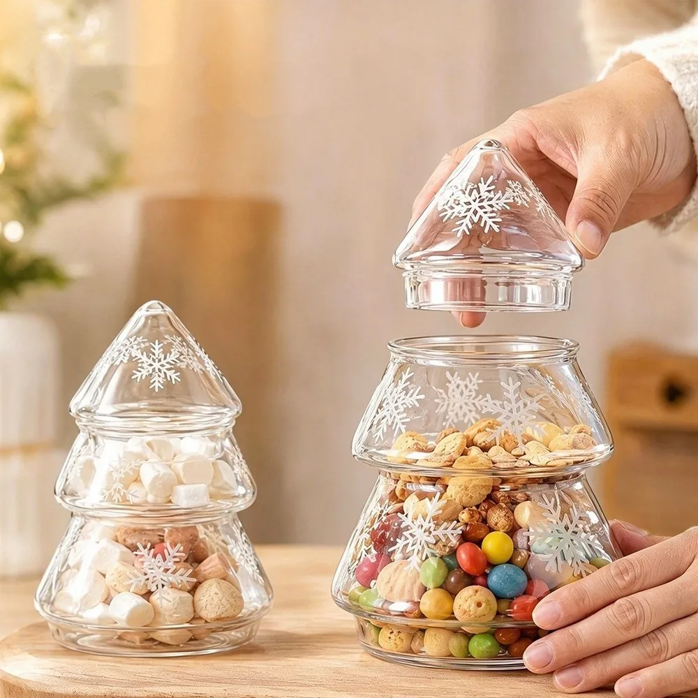 Snowflake Pattern Glass Christmas Tree Jar Large Capacity Stylish Xmas Candy Jar Transparent With Lid Cookie Jar
