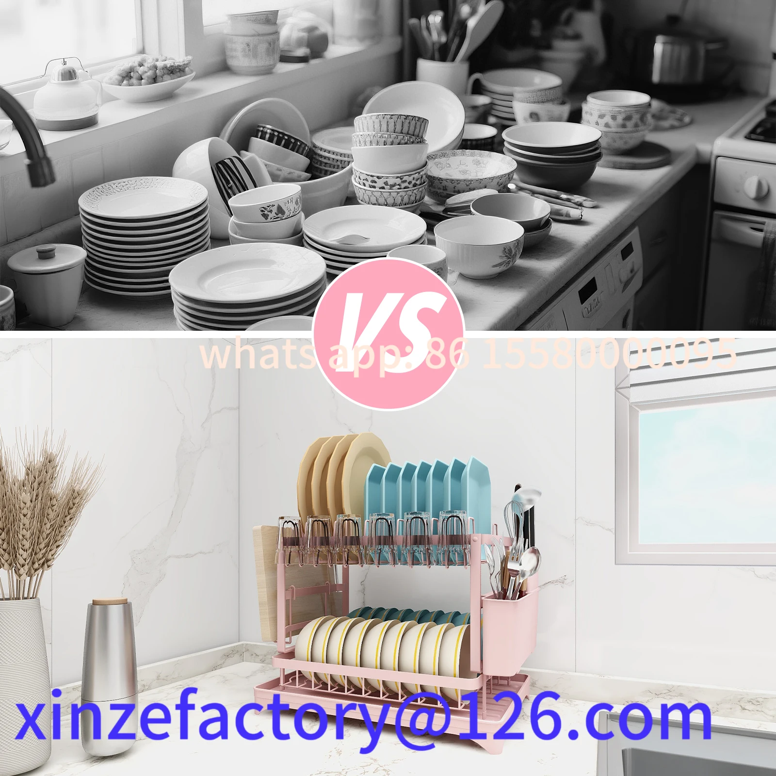 رف أطباق وردي قابل للتخصيص، رف تجفيف الأطباق من طبقتين، مع حامل للأواني ولوح القطع، مناسب لعائلة 1-4 أشخاص #5