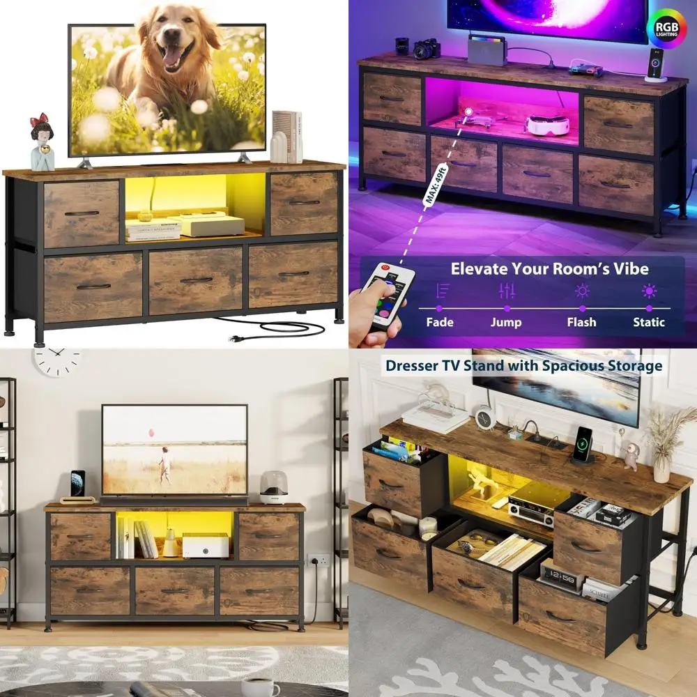 Rustic Brown LED TV Stand for Living Room with 5 Drawer Fabric Dresser for Bedroom, 43-55 Inch TV Stand with Power Outlet
