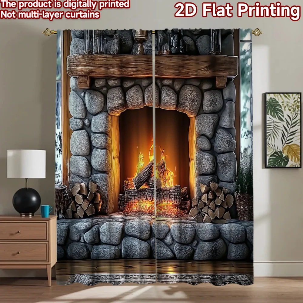 2D flat 2pcs Curtain French Romantic Style Rustic Stone Fireplace Durable polyester fiber Birthday Party for Booths Studio