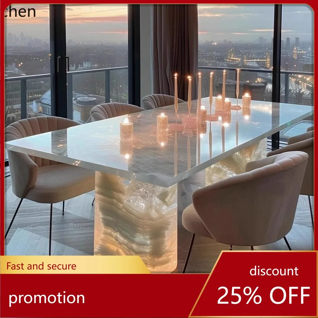 CZ Luminous Jade Dining Table Natural Luxury Stone Rectangular Pink Island Table White Jade High-End Marble Dining Table