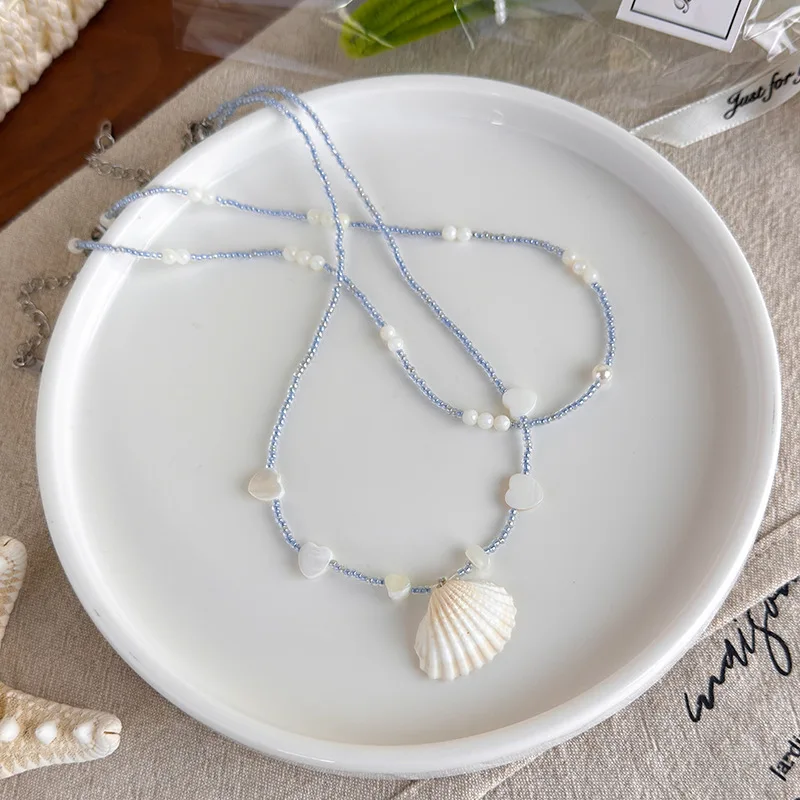 Summer Island-Style Shell Bead Necklace: Beachy, Vacation-Inspired Blue Bead Layered Collar Necklace for Women