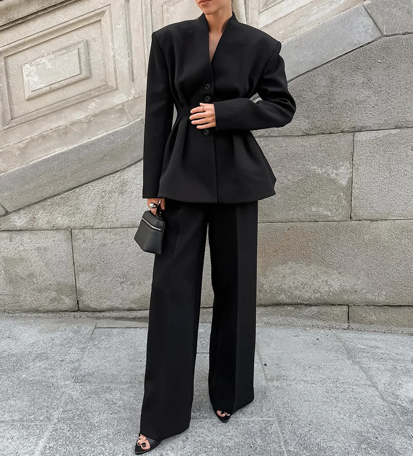 

2025 Autumn Two Piece Set Women Outfit Temperament Long Sleeve V-Neck Pleated Waist Blazer Jacket & Elegant Pants Set