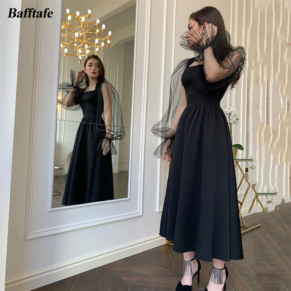 

Bafftafe Black A Line Satin Midi Prom Dresses Square Neck Formal Occasion Dress Long Sleeves Special Party Evening Gowns 2024