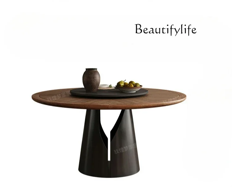 Medieval solid wood texture rock slab round dining table French retro home high-end dining table with turntable