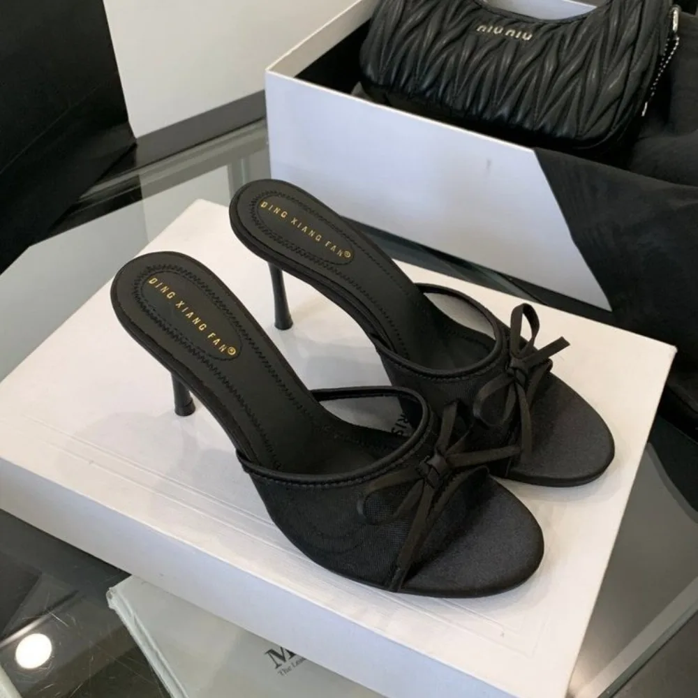 

Elegant Summer Hight Heeled Slippers Women Fashion Mesh Bow Design Slide Sandals Sexy Open Heel Party Shoes for Ladies Sandalias