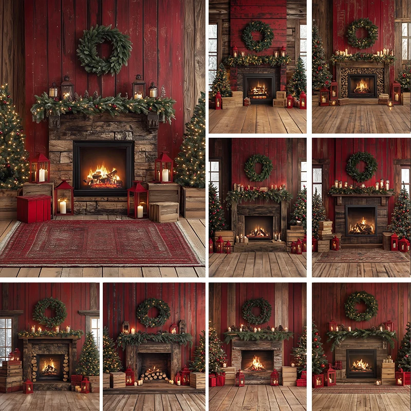 

LS Photography Background Winter Christmas Fireplace Gifts Bear Xmas Tree Kids Family Portrait Decor Backdrop Photo Studio
