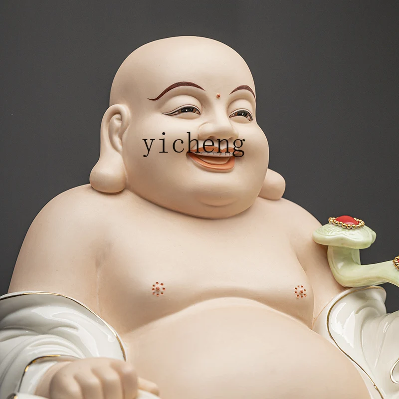 FY Ceramic Maitreya Buddha Laughing Buddha Statue Wealth-Attracting Home Worship Maitreya Ornament