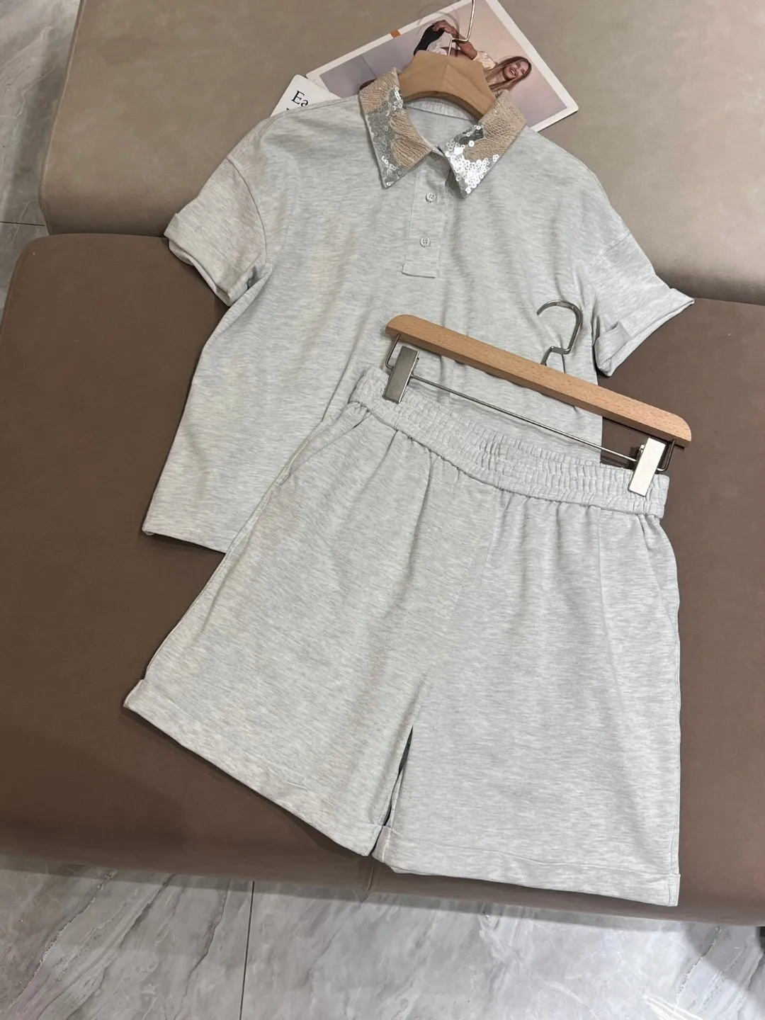 

Exquisitely trimmed summer casual cotton set of clothes with shorts