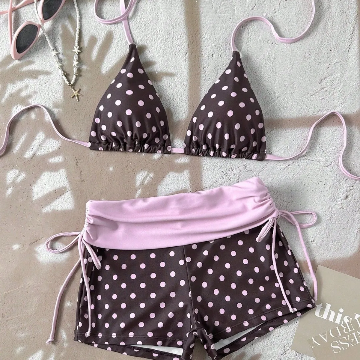 Women Polka Dot Bikinis Set Striped 2 Piece Bikini Set Halter Triangle Top Foldover Ruched Side Boy Shorts Bathing Suit Swimwear
