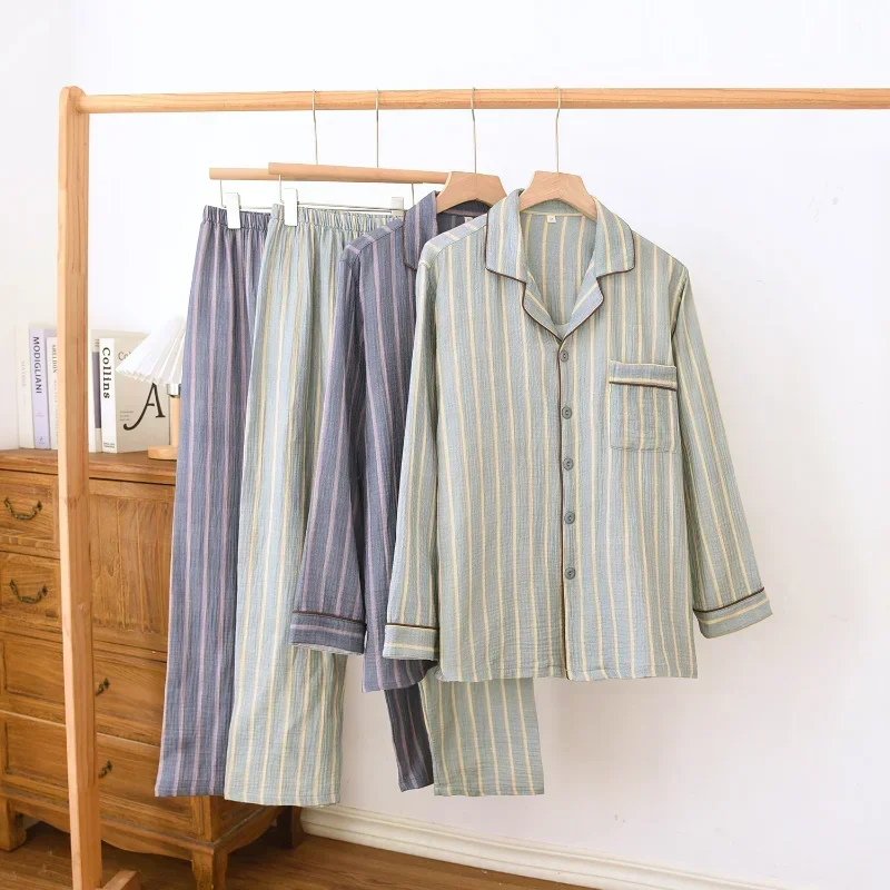 

Новый мужской комплект одежды для сна из двух предметов на весну 2025, 100% хлопок, креповая ткань, вертикальная полоска, длинные брюки с длинными рукавами, комплект домашнего костюма