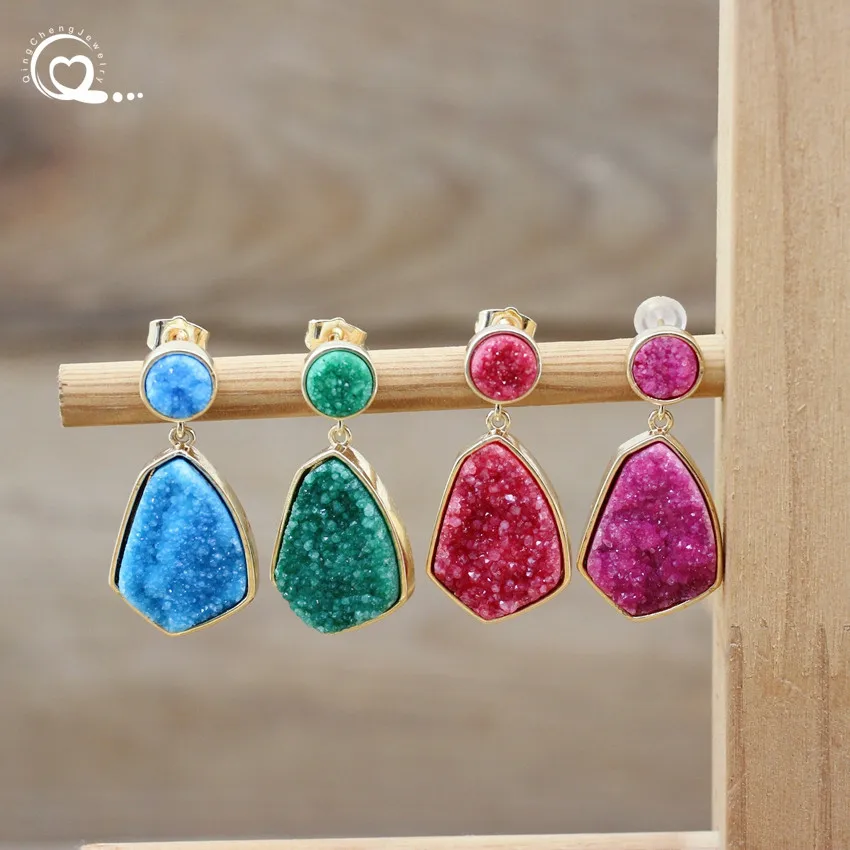 

Colorful Quartz Geode Teardrop Dangle Earring Druzy Gemstone Stud Ear Pendant For Women Party Jewelry Hook Eardrop Jewels QC7062