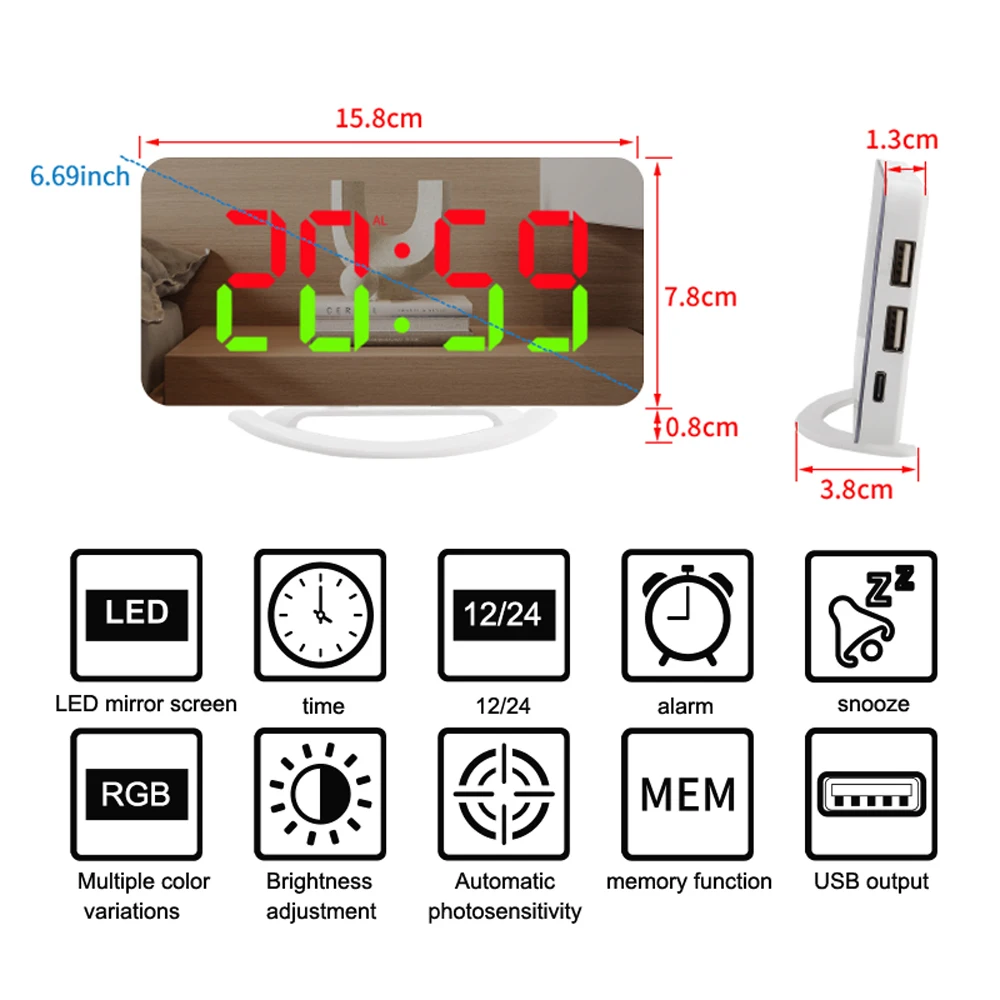 TS-8201 LED Mirror Alarm Clock Digital RGB LED Color Display Snooze Clocks Wake Up Adjustable Electronic Large Display Clock