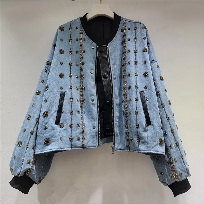 

SuperAen, весна и осень 2026, новая женская модная повседневная джинсовая куртка большого размера для женщин, свободный дизайн, пальто с бриллиантами