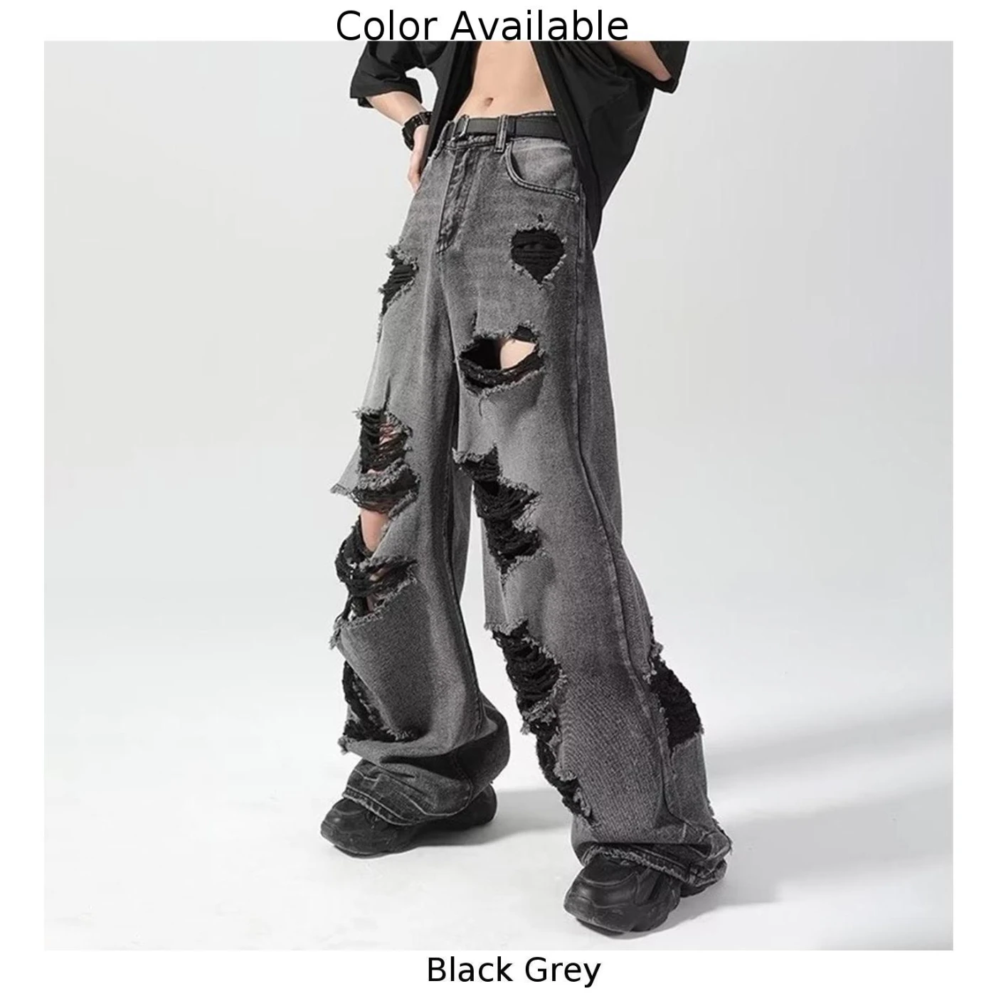 Men\\\'s Gothic Wide Leg Jeans Vintage High Waist Baggy Hole Pants Black Grey Suitable Season Spring Summer Autumn