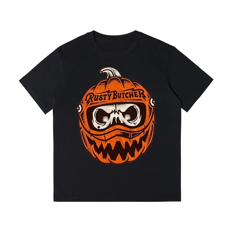 American Vintage Pumpkin Head Helmet Print Summer Autumn Motorcycle Fan Men's and Women's T-shirts Y2k Streetwear Harajuku Top