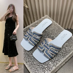 Women's Rhinestone Slippers 2025 Summer Outdoor Fashion Non-Slip Beach Shoes Comfortable Flat Square Heel Women's Sandals