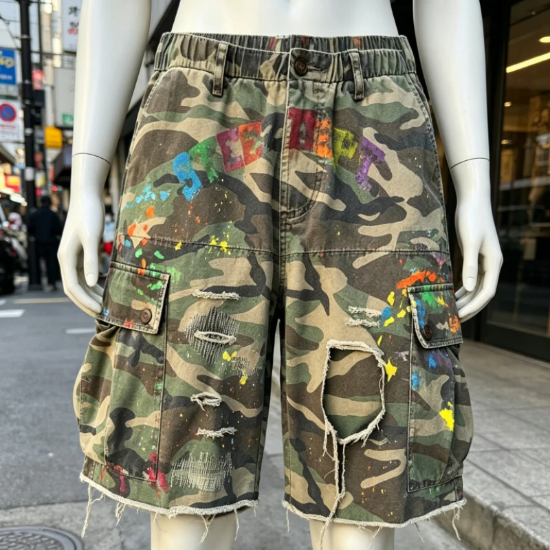 Y2K Graffiti Cargo Shorts Retro Camo Paint Pattern Cargo Shorts Summer American Hip Hop Casual Streetwear Men Women Baggy Shorts