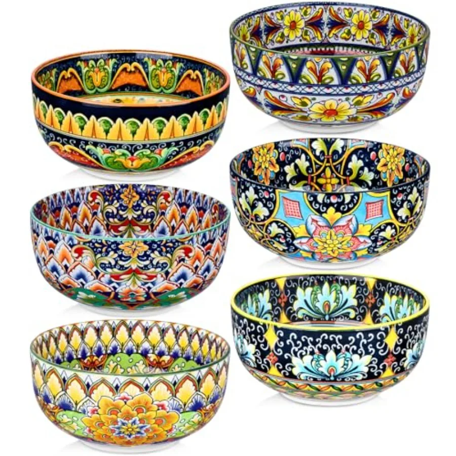 

Ceramic Cereal Bowls Set of 6 28 oz Bohemian Soup Bowl Colorful Bowls Set for Kitchen Dessert Bowls for Salad Pasta Oatmeal Ram