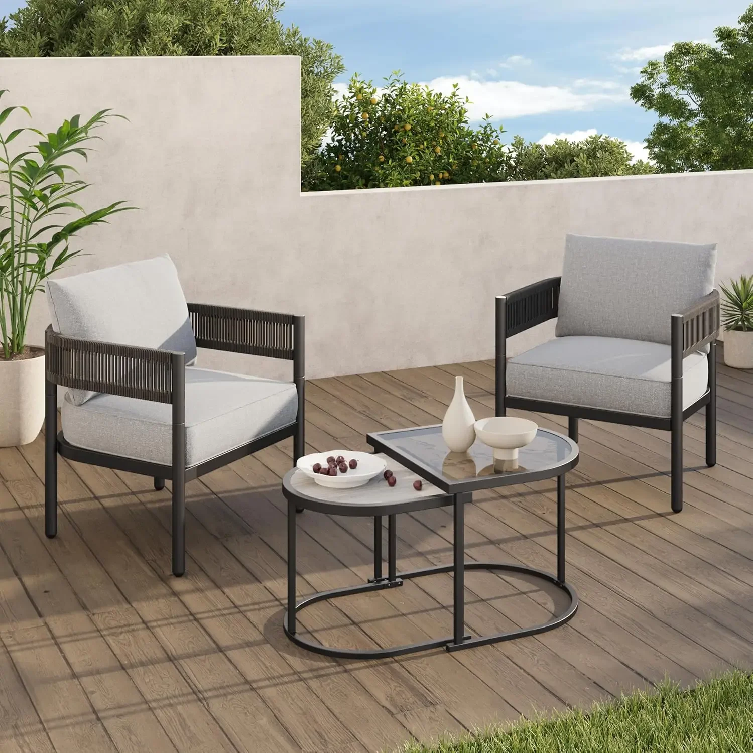 Grand Patio 4-Piece Outdoor Conversation Set with 2 Single Chairs and 2 Patio Coffee Tables Wicker Garden Furniture Set