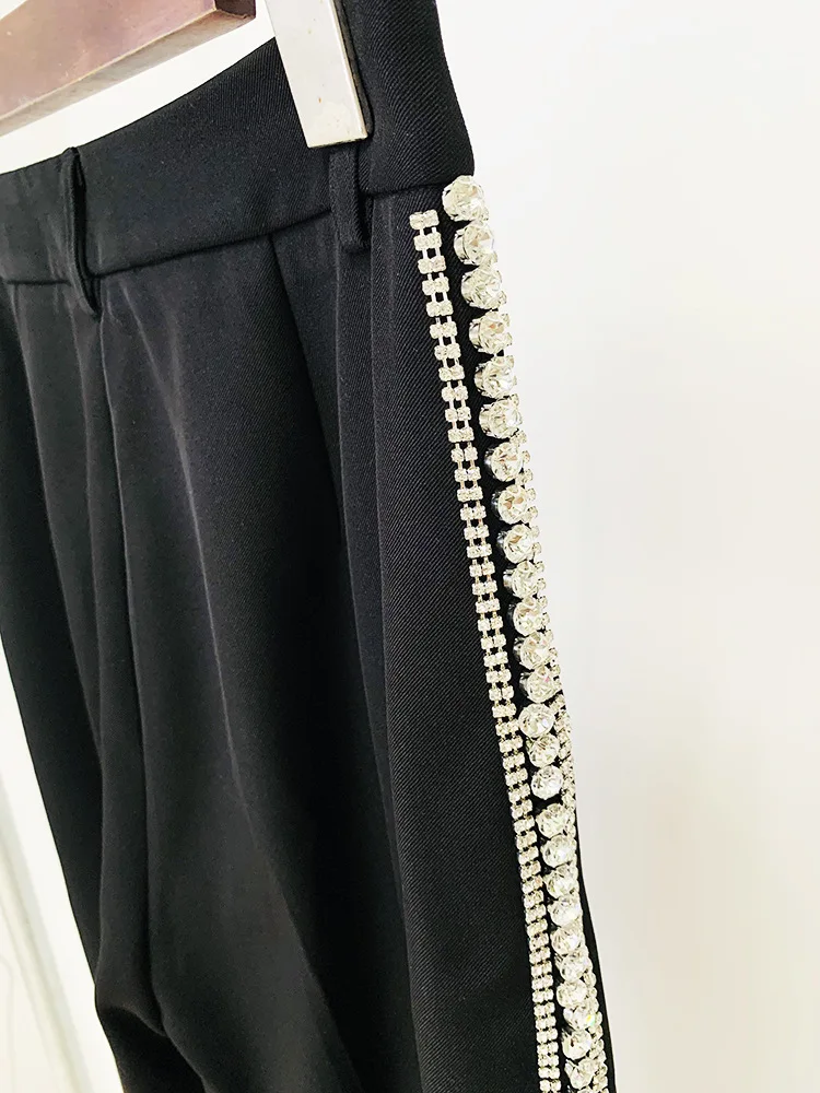 Pantaloni da ufficio di base da donna alla moda europea con strass che bordano i lati delle donne pantaloni larghi larghi con taglio dritto