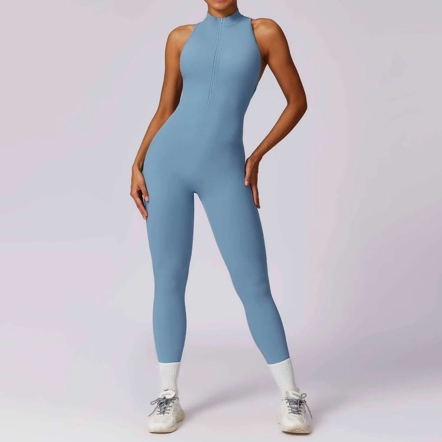 

V Back One-piece Suit Women Sports Jumpsuit Zippers Yoga Rompers Backless Sportswear Women Sleeveles Workout Bodysuits Female